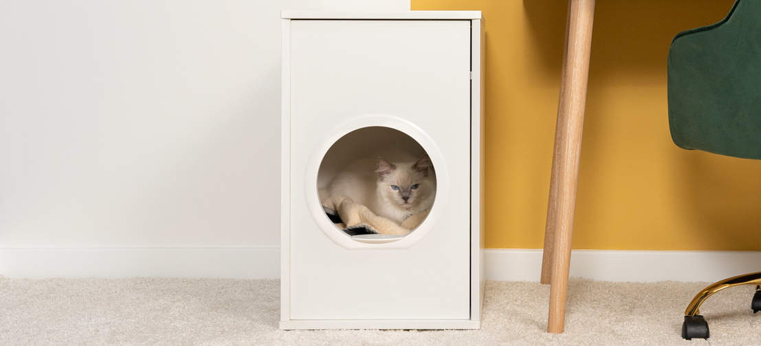 Kat gemmer sig i sin private hule, stilfuld, designer kattemøbler, Maya kattehus