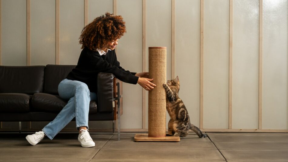 Kat og ejer leger med Switch-kradsetræ til katte  